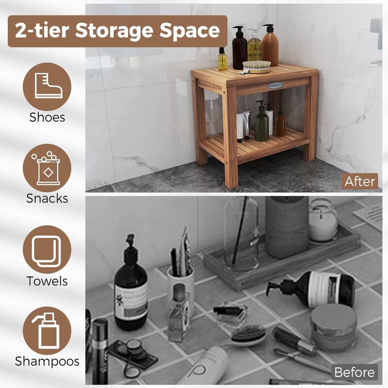 Gymax 19 Inch Teak Wood Shower Bench Inside Shower Stool w/ Storage