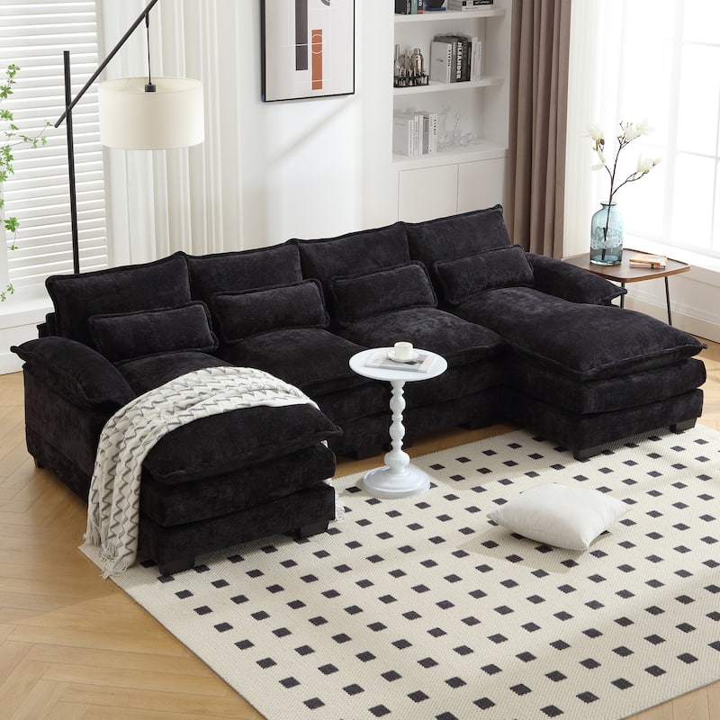 Chenille Upholstered U-Shaped Living Room Sectional Sofa With Wooden Legs - Black