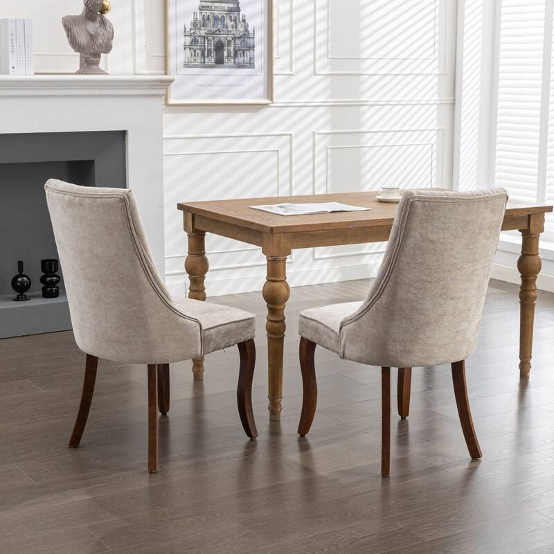 Comfy Linen Upholstered Dining Chairs Set of 2 with Curved Solid Wood Legs for Dining Room