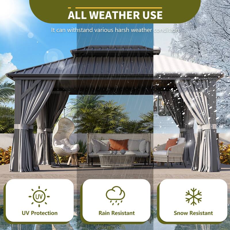 Outdoor Galvanized Steel Hardtop Gazebo with Curtain and Netting
