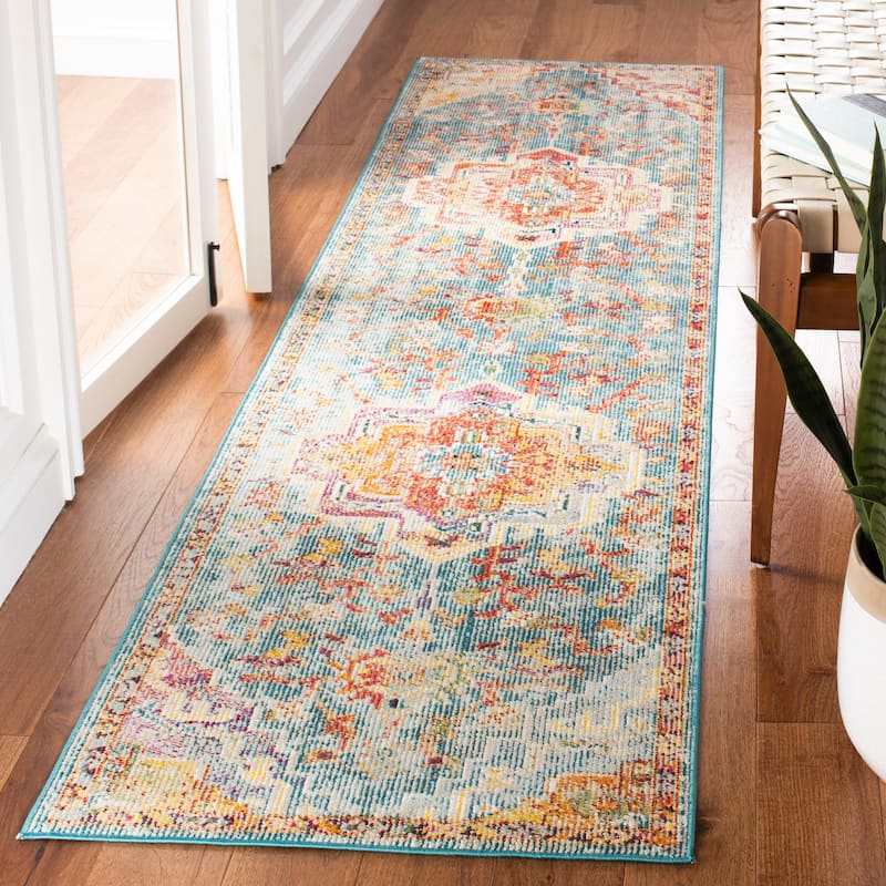 SAFAVIEH, Crystal Naimat Vintage Boho Medallion Rug - 2'2" x 17' Runner - Orange/Teal