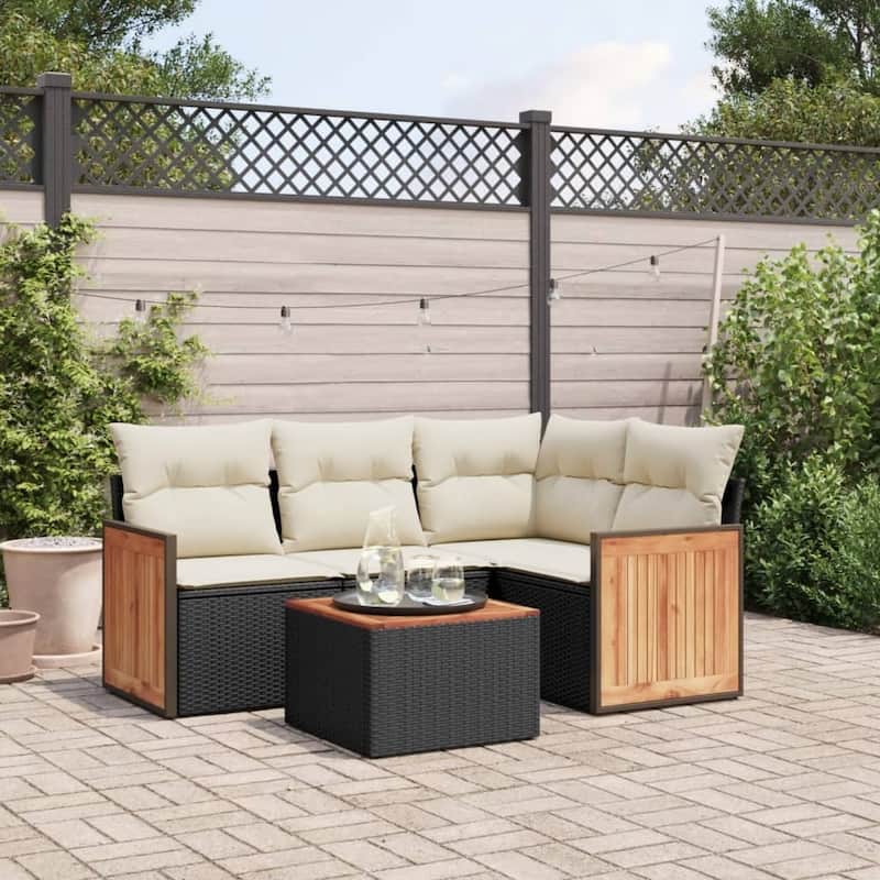 vidaXL Patio Sofa Set with Cushions Outdoor Conversation Furniture Poly Rattan - Black and cream with table - 21.7 x 21.7 x 14.6 in