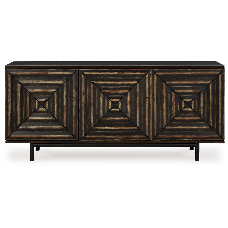 Sideboard Cabinet Console, 72 Inch, 3 Wood w Geometric Inlay, Black