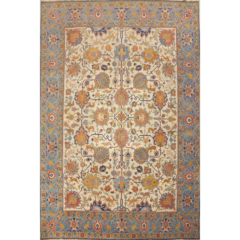 Hand Knotted Oriental 100% Wool Carpet Traditional All-Over Beige & Ivories Tabriz Area Rug - 12' 11'' X 10' 3''