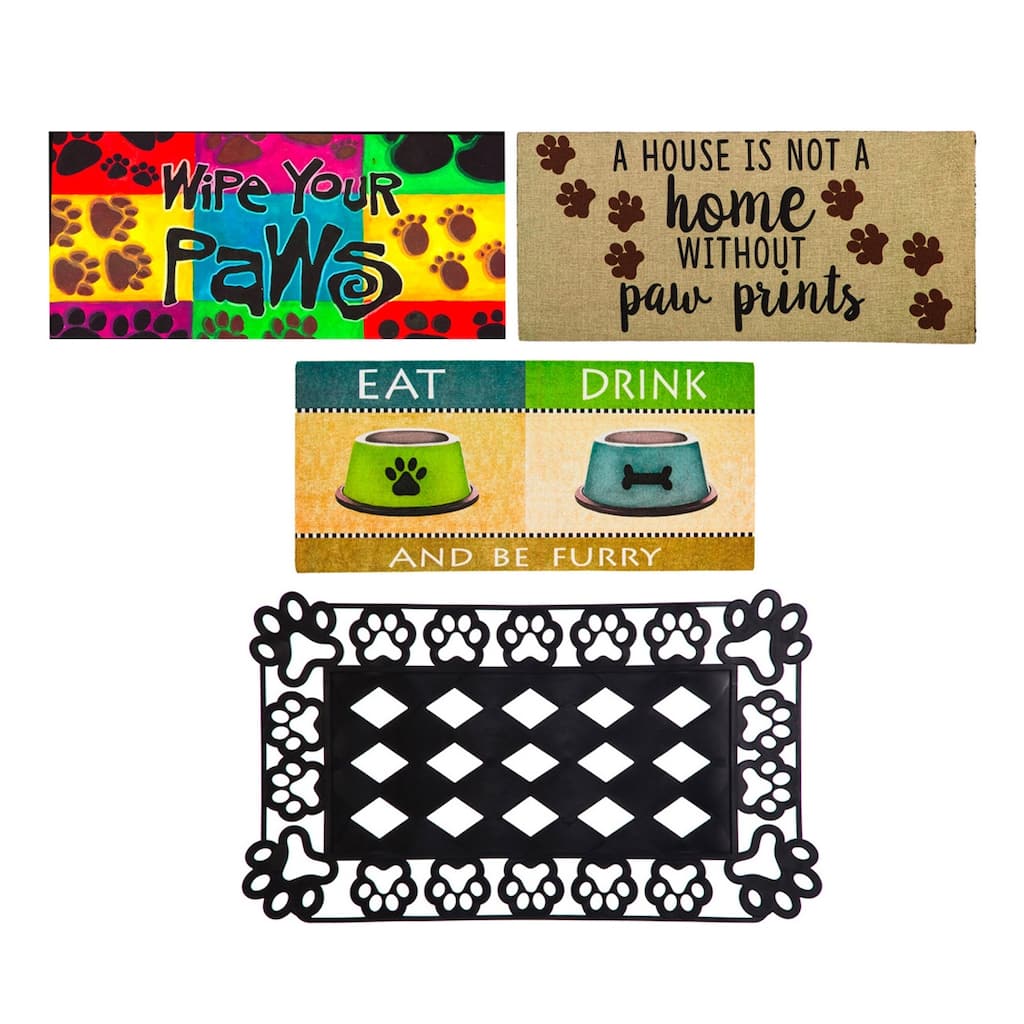 22 in. x 10 in. Paw Print Sassafras Switch Mat Collection w/ Decorative Rubber Frame (Set of 4)