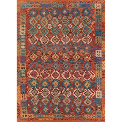 Geometric Trellis Kilim Oriental Area Rug Flatweave Orange Wool Carpet - 8'6"x 11'5"