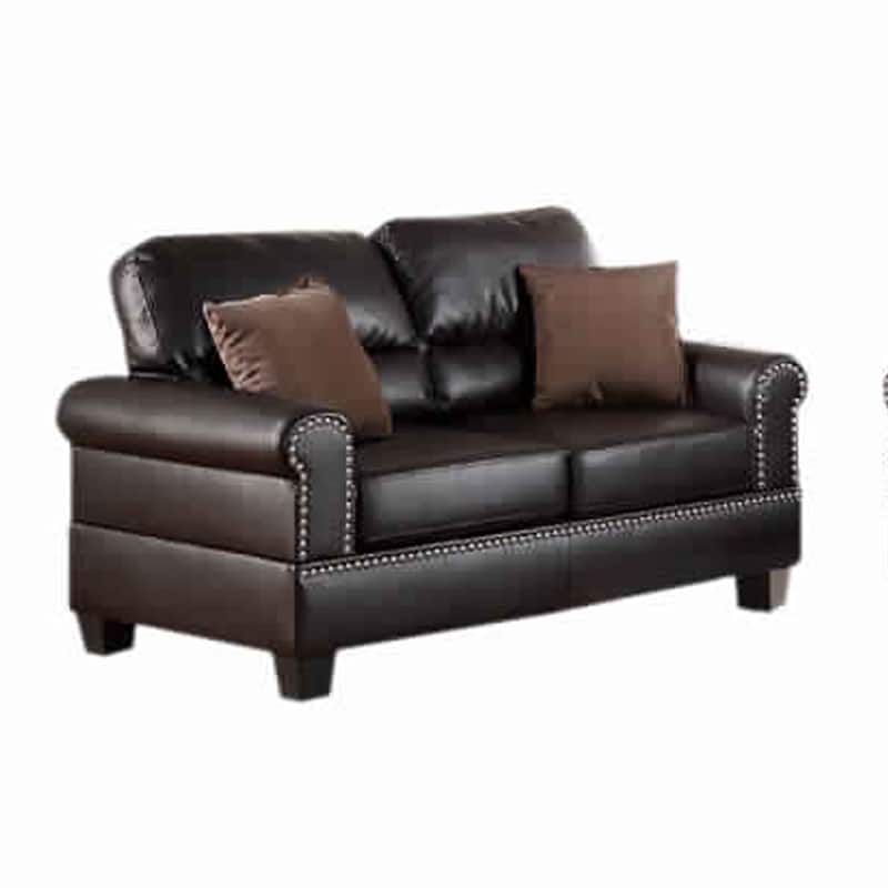 2 Pc Sofa and Loveseat Set, Espresso Brown Faux Leather, Nailhead Trim