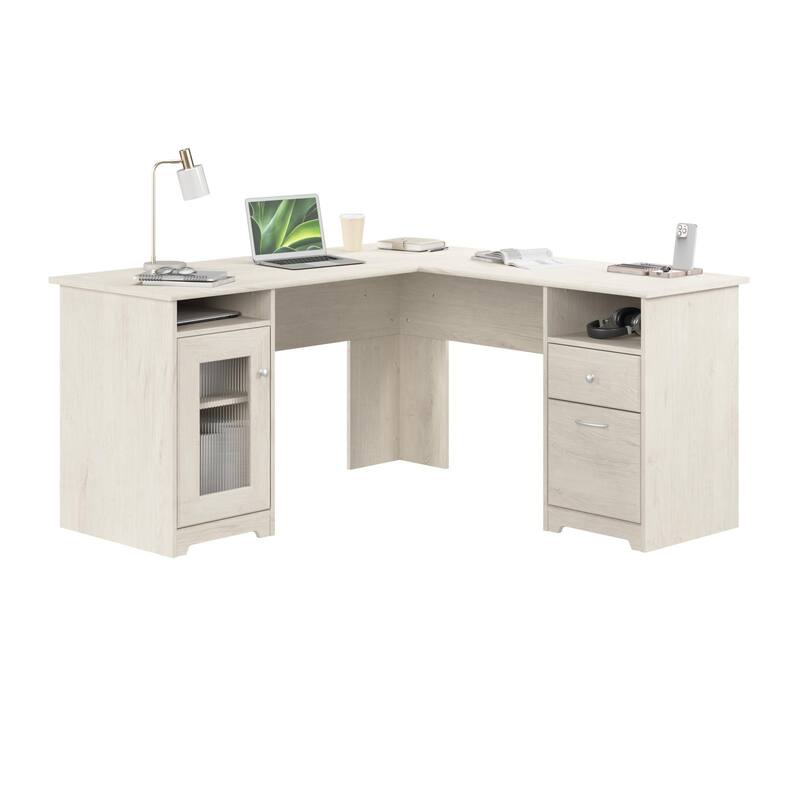 Cabot 60W L Shaped Computer Desk with Storage by Bush Furniture - Linen White Oak