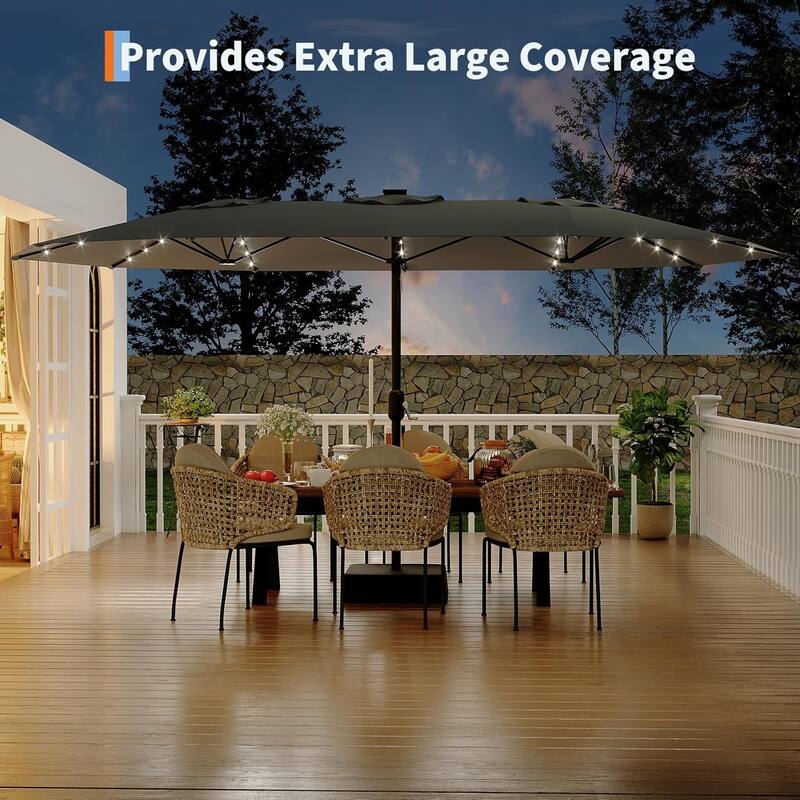 15FT Patio Umbrella with Solar Lights and Crank Handle,Base Included
