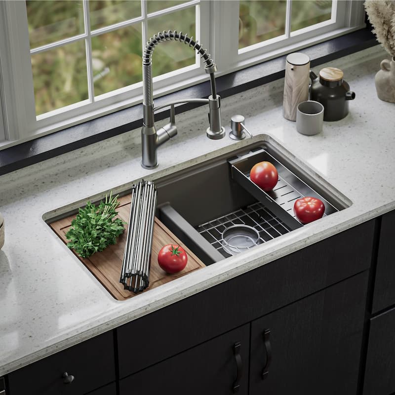 Karran QUWS-880 Undermount 32-1/2 in. Double Equal 50/50 Bowl Workstation Kitchen Sink