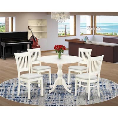 HomeStock 5-Piece Round Linen White Finish Solid Wood Top Dining table with 4 Chairs with Drop Leaf Slat Back
