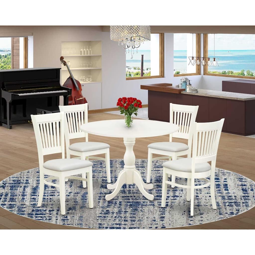 HomeStock 5-Piece Round Linen White Finish Solid Wood Top Dining table with 4 Chairs with Drop Leaf Slat Back