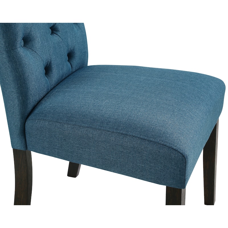 Blue Button Tufted Back Chair Dining Chair Reception Chair with Wood Legs, Minimalist Padded Chair Armless Chair