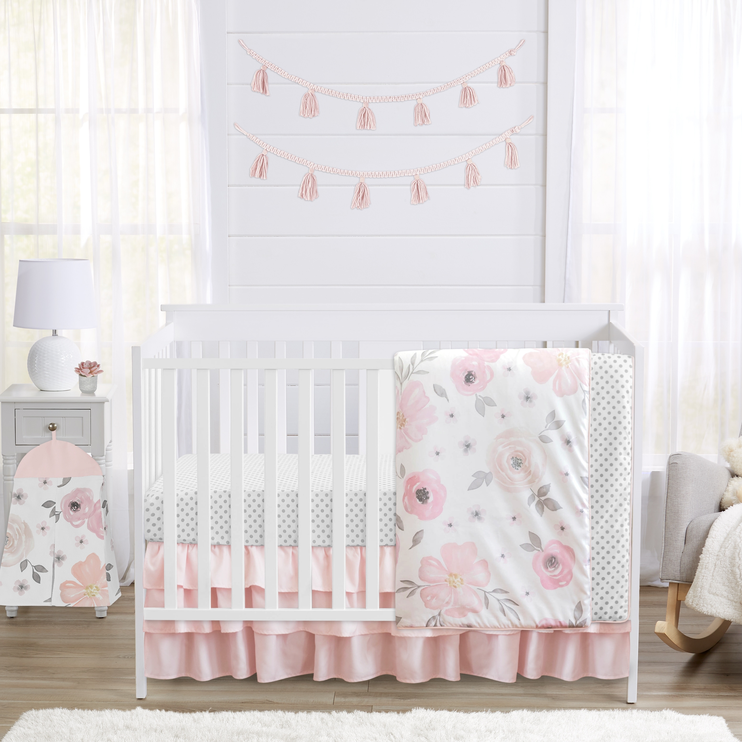 Sweet Jojo Designs Pink, Grey & White Shabby Chic Watercolor Floral Collection Baby Girl 4-piece Bumperless Crib Bedding Set