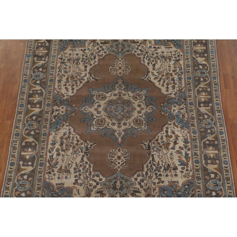 Brown Tabriz Persian Vintage Area Rug Hand-Knotted Wool Carpet - 6'9"x 9'9"