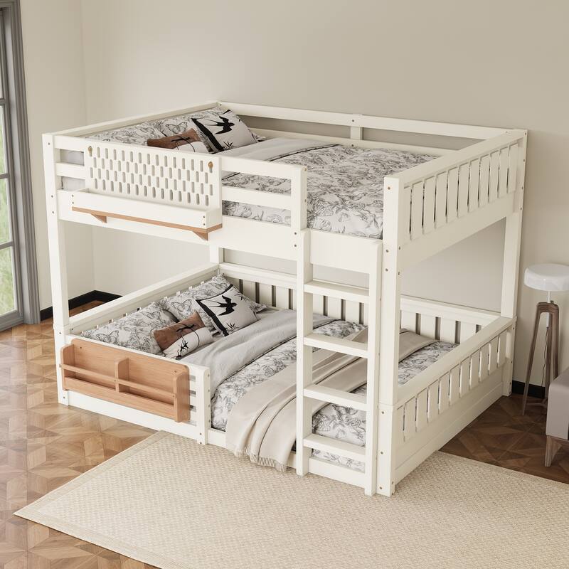 Queen over Queen Bunk Bed with Ladder & Guardrails, Built-in Pegboard and Bookshelf, Sturdy Full Over Full Bunk Bed Frame