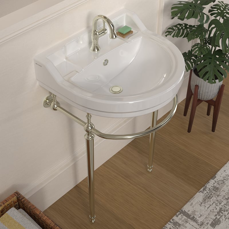 Whitehaus Console Sink With Semi-Circular Bowl, Metal Leg Supports and Front Towel Bar.