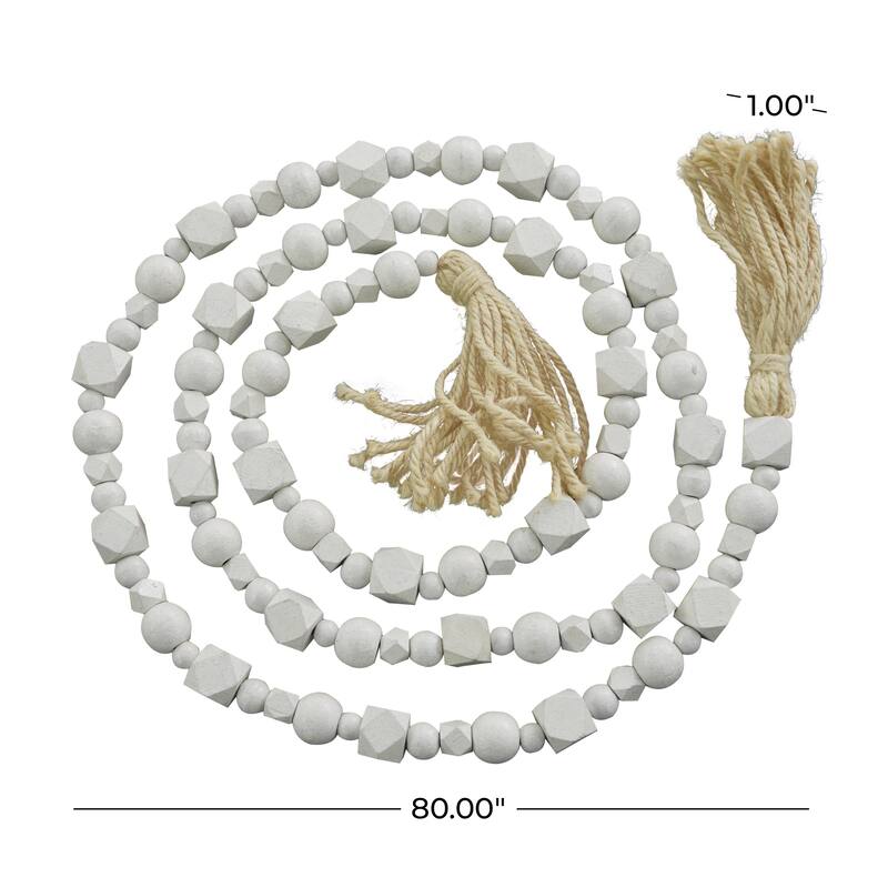 Mango Wood Handmade Hexagon Carved Geometric Long Beaded Garland with Tassel - Roche River Decor