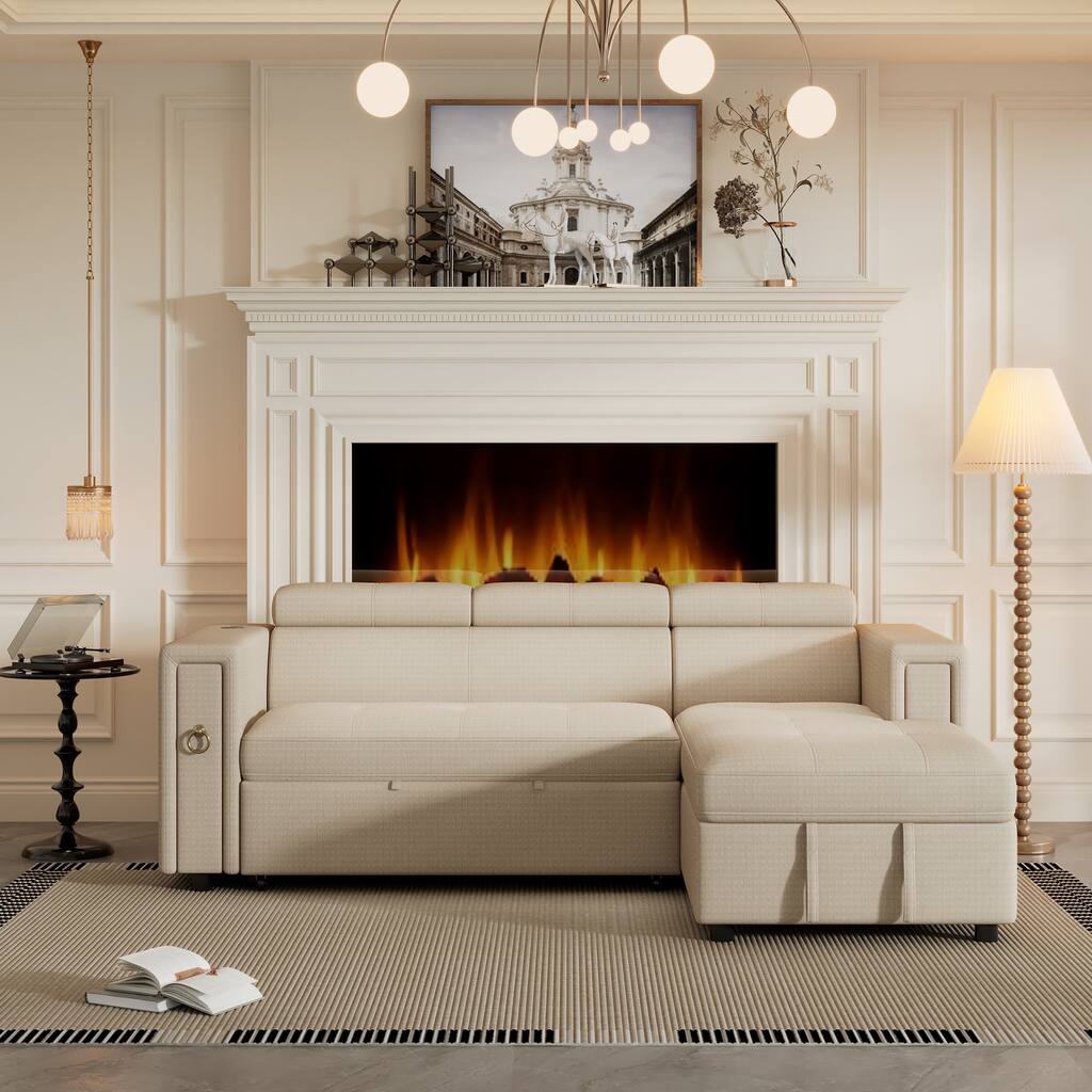 Beige L-Shape Sleeper Sectional Sofa with Pull-Out Bed