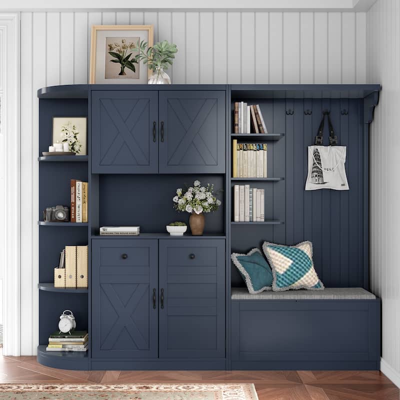 Versatile Left-Right Combination Hall Cabinet with 4 Hooks and Hall Tree 2-in-1, Can Be Used Separately
