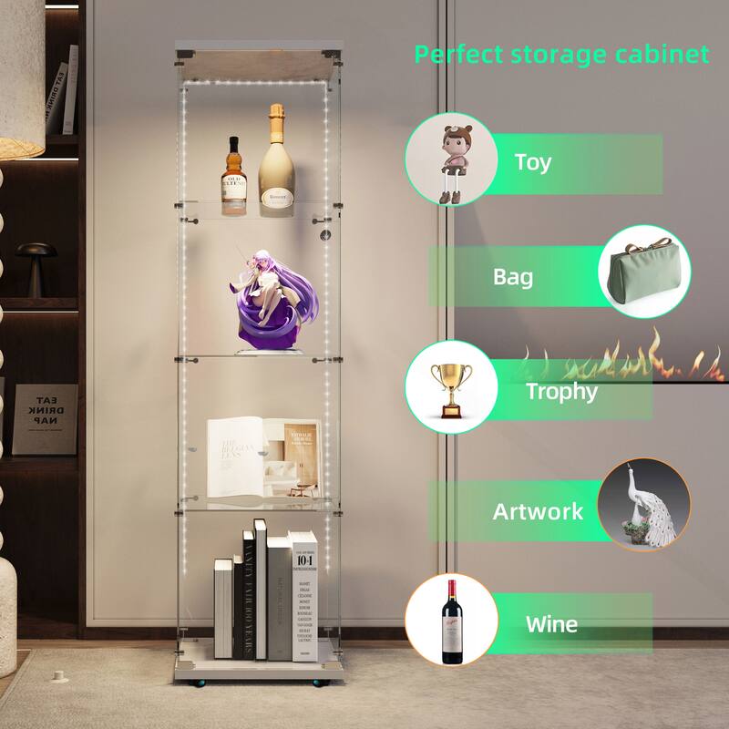 Versatile Tempered Glass Cabinet with Lock and Mobility for Various Spaces