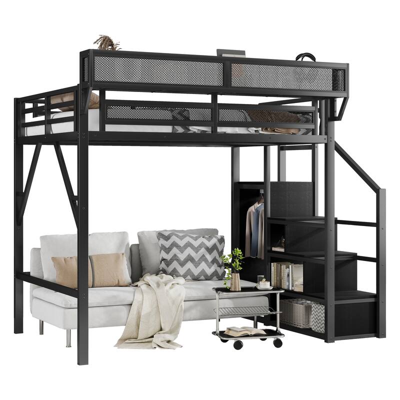 Full Size Loft Bed with Stairs, Metal Full Loft Bed with Storage Shelves, High Loft Bed with Wardrobe for Kids Teens