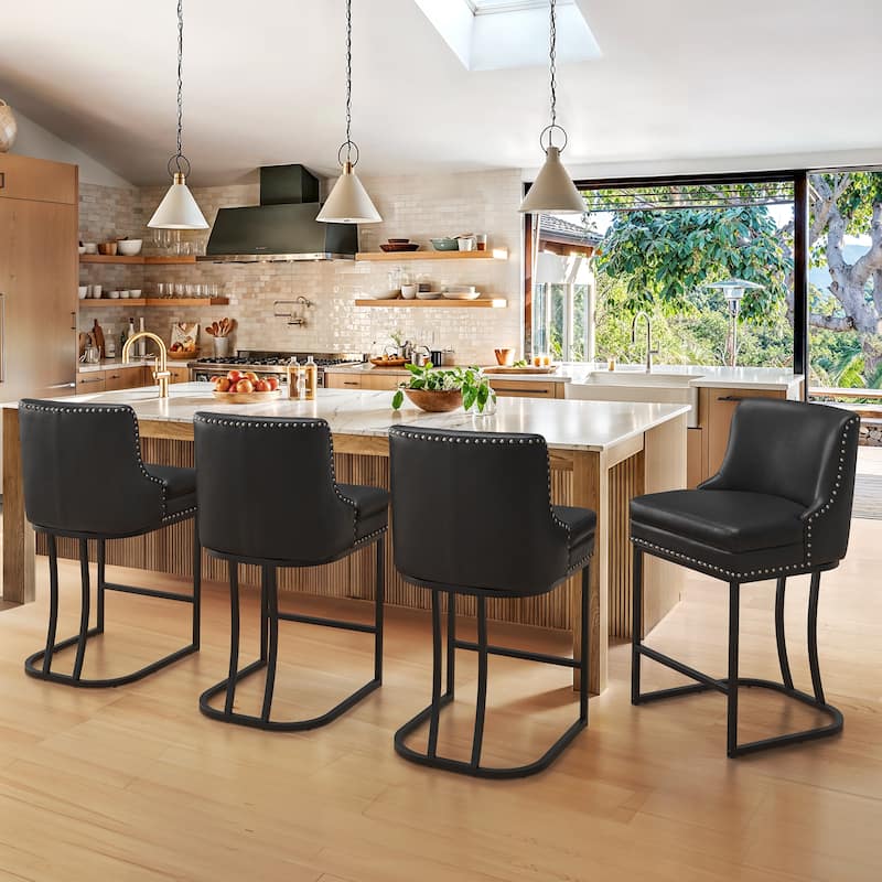 Modern 26" Barstool with Back Metal Frame Stool Counter Height Bar Stools and 6" Thick Cushion for Kitchen Island - Black/Faux Leather - Set of 4