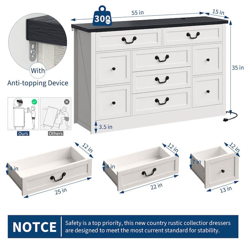 Farmhouse 9-Drawer Dresser with Charging Station, 54" Wide Wood Chest of Drawers with Metal Handles
