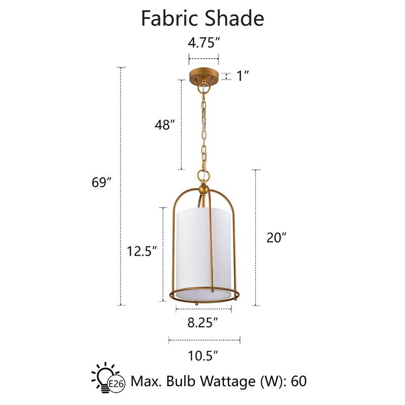 Antique Brass Finish 1-Light 10 in. Cage Pendant with White Fabric Shade