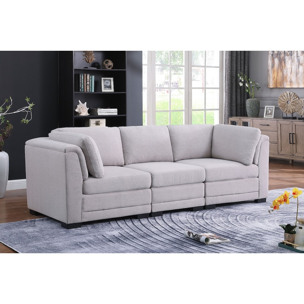 Linen Fabric Upholstered 3-Seater Modular Sofa in Light Gray and Black