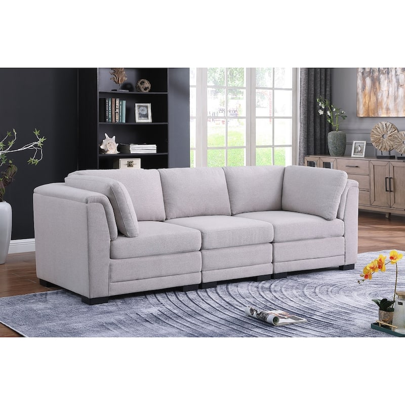 Linen Fabric Upholstered 3-Seater Modular Sofa in Light Gray and Black - Light Gray and Black