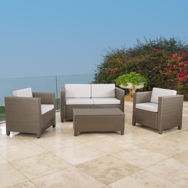 Puerta Outdoor 4-piece Chat Set with Cover by Christopher Knight Home - Beige + Brown + Ceramic Grey