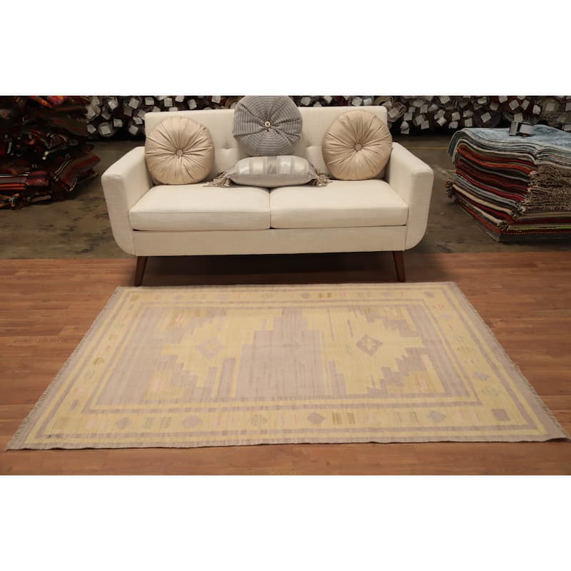 Hand Woven Oriental 100% Wool Carpet Southwestern Tribal Yellow & Gold Kilim Area Rug - 5' 11'' X 4' 0''