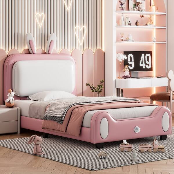 slide 2 of 8, Twin Platform Bed with Rabbit Design, Upholstered Frame White+Pink