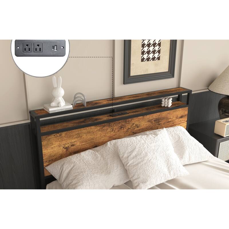 Heavy Duty Metal and Wood Bed Frame, LED Platform Bed Frame with Charging Station and 8 Storage Drawers, No Box Spring Needed