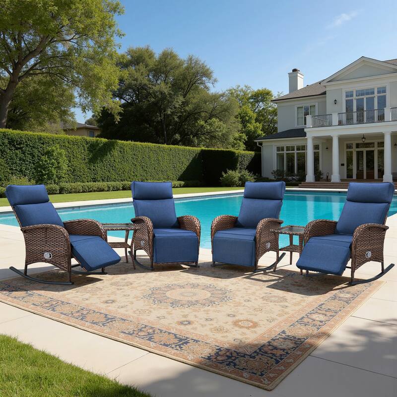 Meyreso 6-Piece Wicker Rocking Reclining Chaise Lounge with Adjustable Backrest & Footrest - Blue