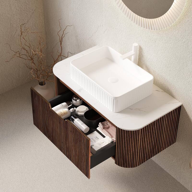 Wall Mounted Bathroom Vanity with White Rectangular Ceramic Basin