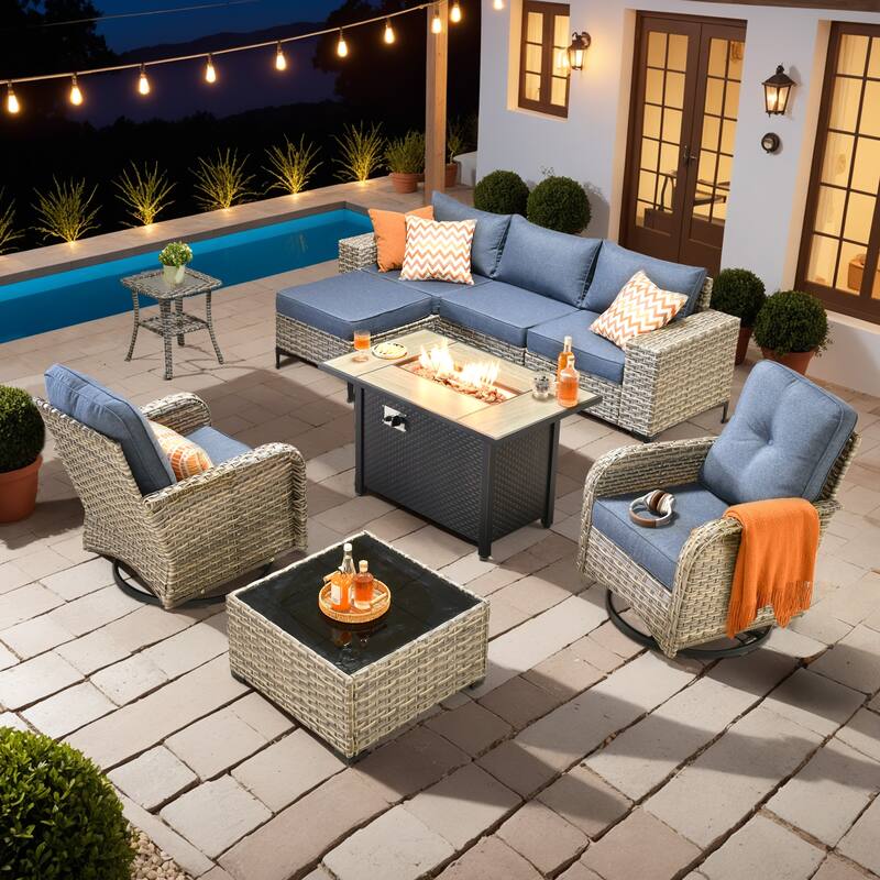OVIOS 9-Piece Outdoor Chaise Lounge Sofa Set​ With Fire Pit​ - ​​Denim Blue​