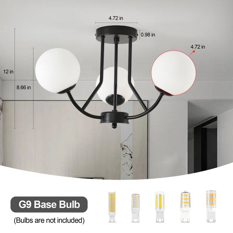 3 - Light 12'' Modern Sputnik Globe Glass Semi Flush Mount Light