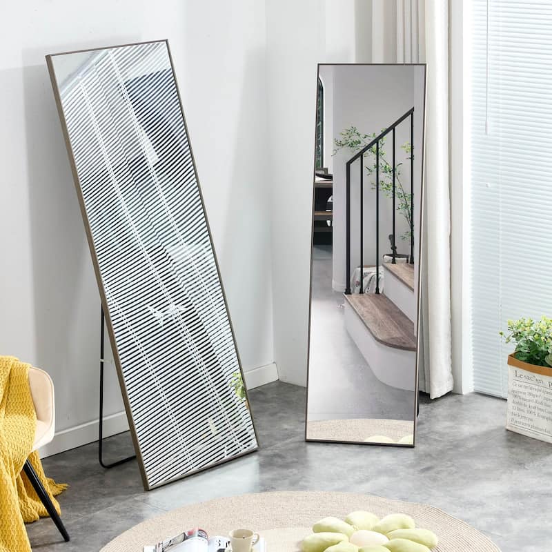 Full-Body Gray Solid Wood Frame Mirror, 65"x23", Floor or Wall Mounted for Bedrooms and Entryways