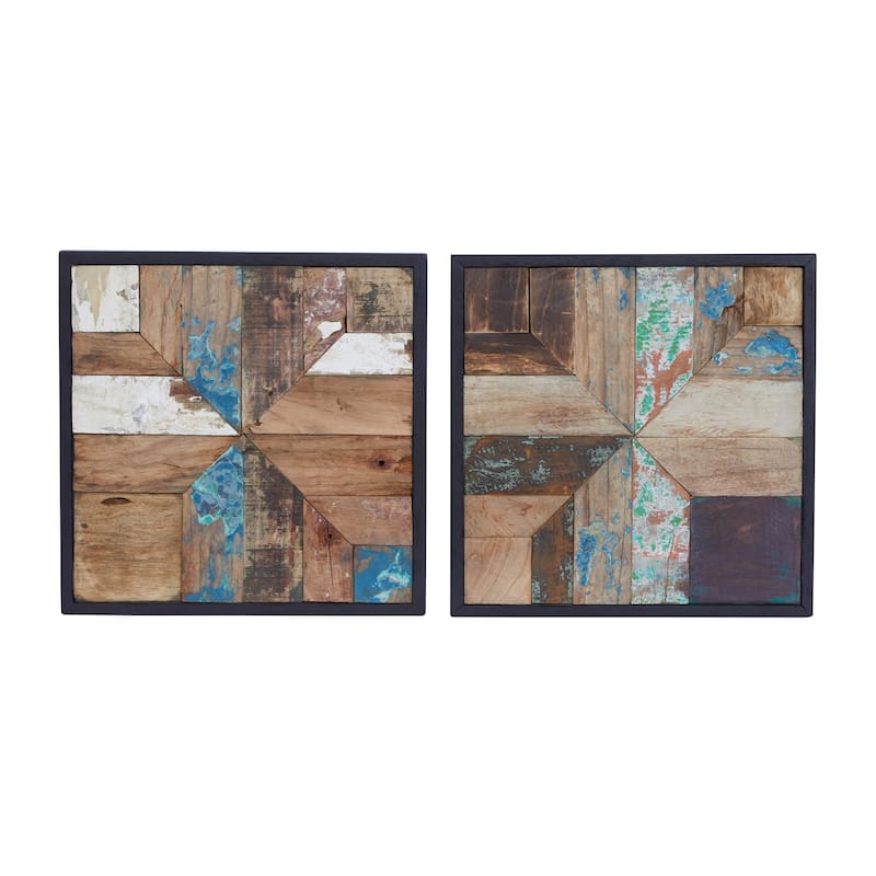 Brown Teak wood Rustic Wall Decor (Set of 2) - 17 x 2 x 17