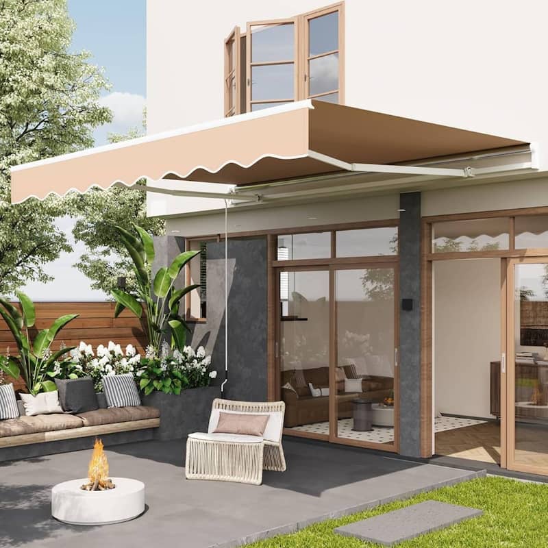 13'x10' Retractable Waterproof Patio Awning, Sun Shade Awning with Manual Crank Handle - N/A - Tan