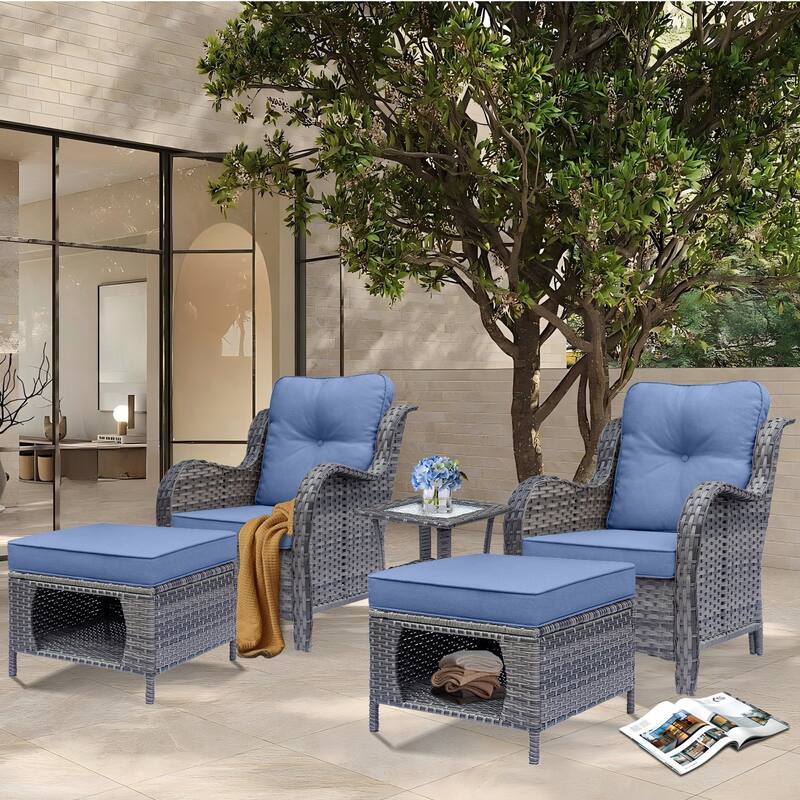 5 Piece Outdoor Wicker Patio Conversation Chair with Ottoman Set - Denim Blue-Gray Rattan