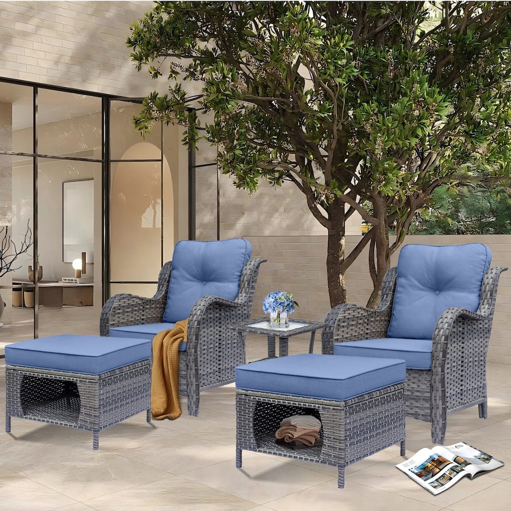 5 Piece Outdoor Wicker Patio Conversation Chair with Ottoman Set