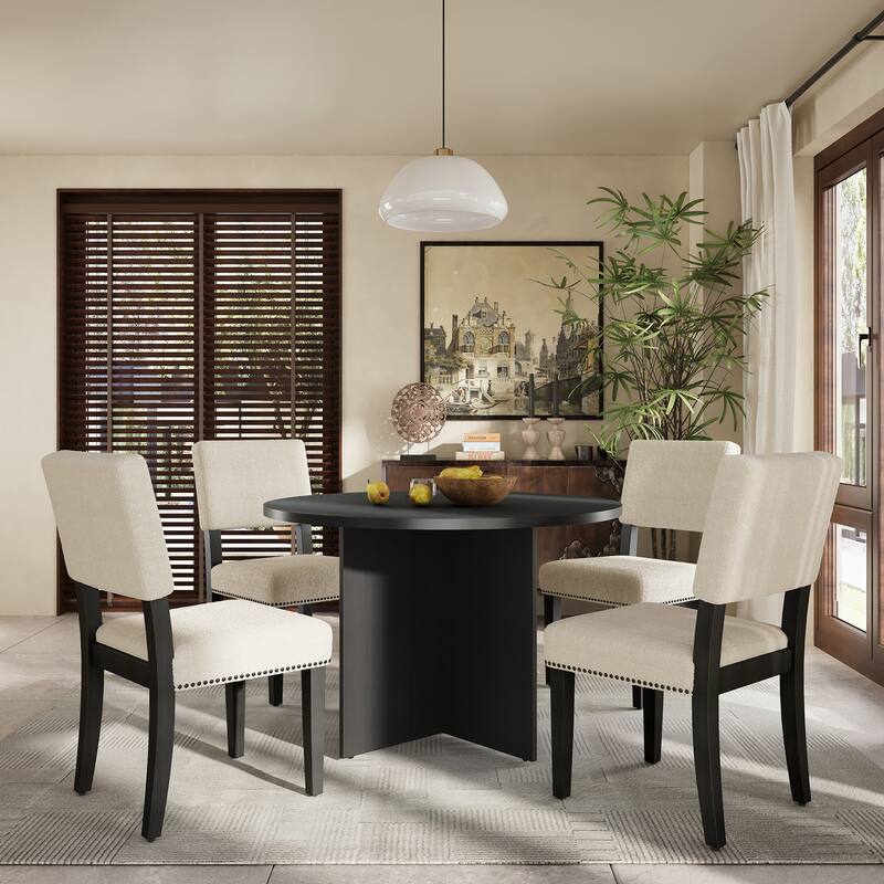 Modern 5-Piece Round Dining Table Set with Upholstered Chairs and Pedestal Base for Small Spaces and Cozy Kitchens