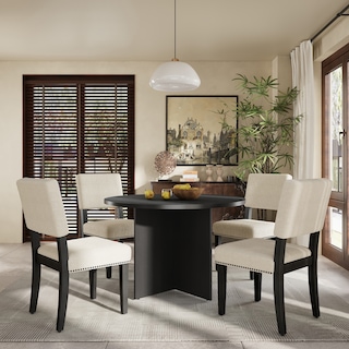 Sakin Modern 5-Piece Round Dining Table Set with Pedestal Base and Upholstered Chairs by GDFStudio