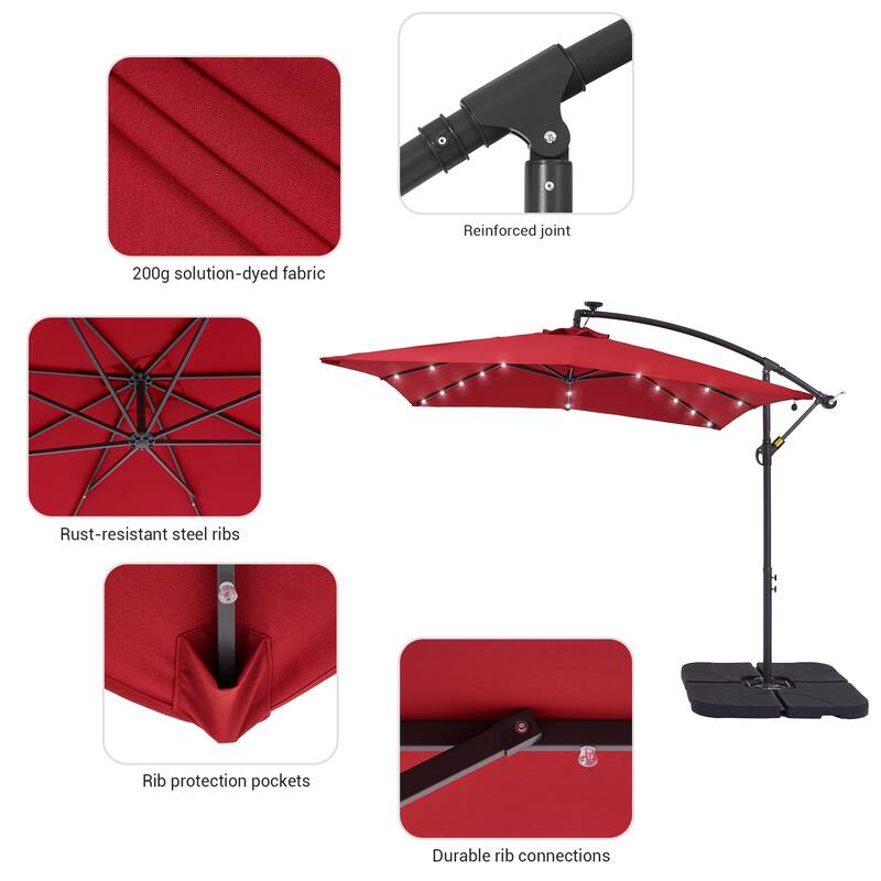 LIVOOSUN 8.2Ft LED Square Offset Hanging Patio Umbrellas w/Base