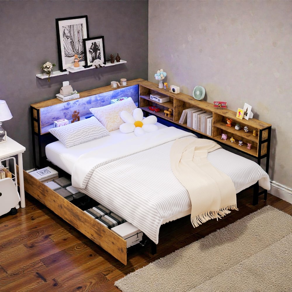 Corner Daybed with Storage Drawers and Bookcase Headboard, LED Light, USB Charging Station, No Box Spring Needed