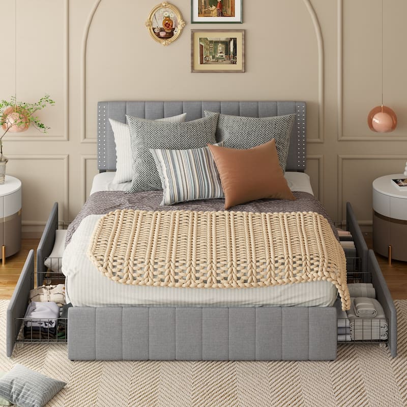 Full/ Queen Platform Bed Frame with 4 Storage Drawers Adjustable