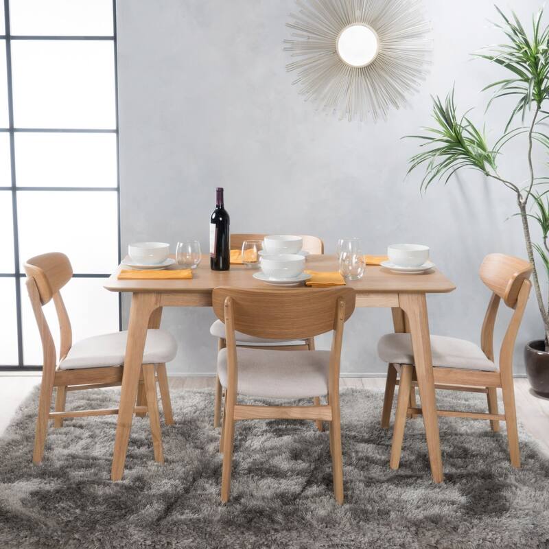 Iriat Mid-century 5-piece Dining Set by Christopher Knight Home - Natural Oak +Light Beige